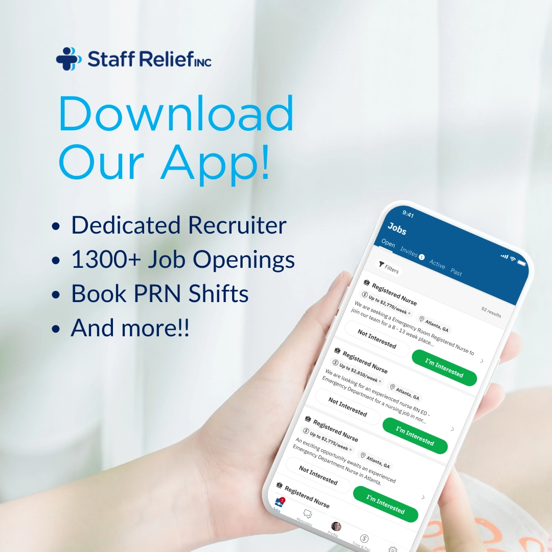Hand holding a smartphone displaying a job app interface. Text on the image promotes downloading the app for job listings, including dedicated recruiters, 1300+ openings, and PRN shifts.