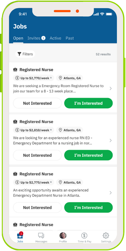 Staff Relief mobile app interface showing Travel nursing jobs in Atlanta, Georgia